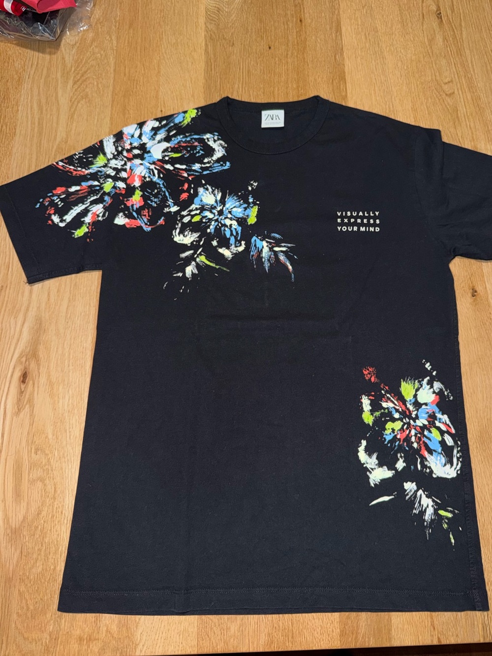 Zara Black Short-Sleeve Tee with Multicolor Floral Brushstrokes